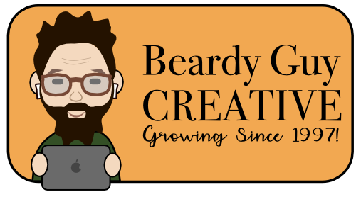 Beardy Guy Creative Logo is an orange rounded rectangle with an illustrated guy with black  hair, beard and glass holding a computer. Text: Beardy Guy Creative, Growing since 1997
